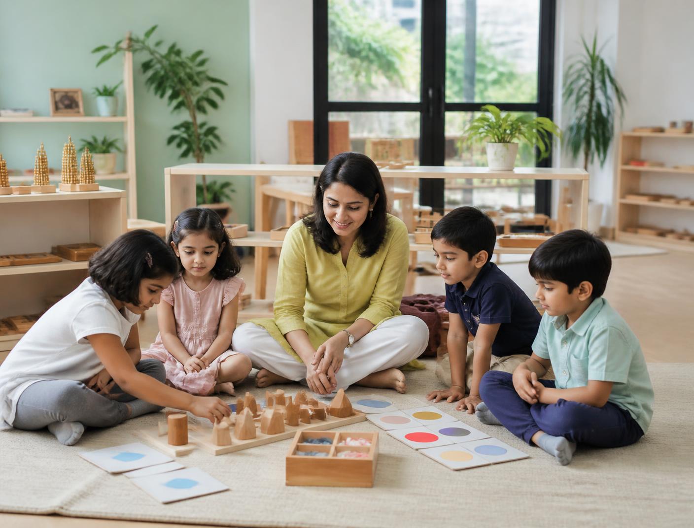 A teacher guiding children through a creative classroom activity