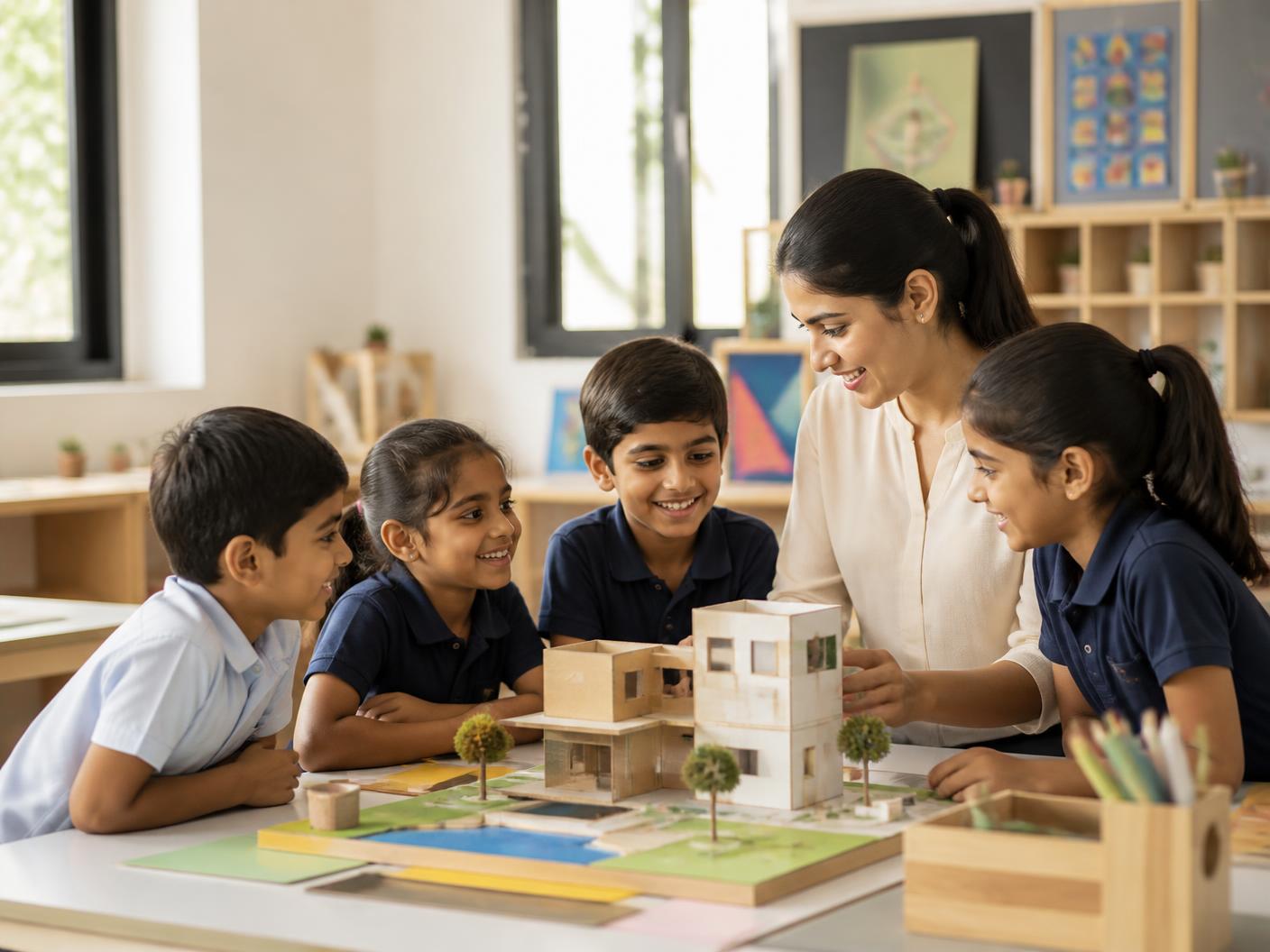 Children collaborating on a creative classroom model with their teacher