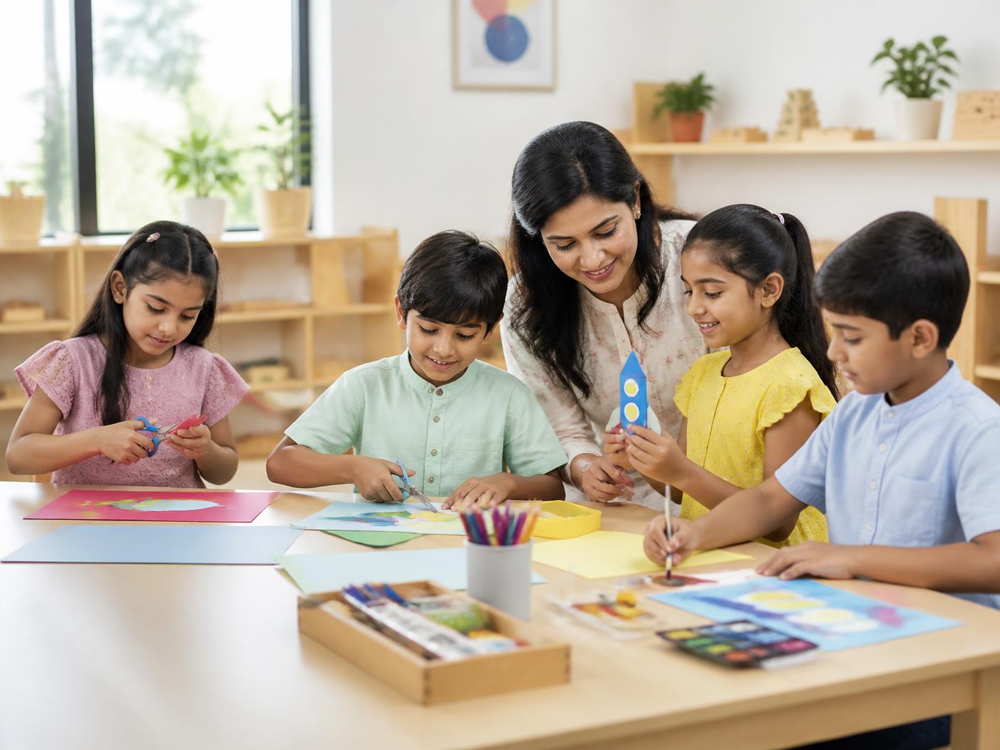 Children cutting, painting and crafting together at a classroom table